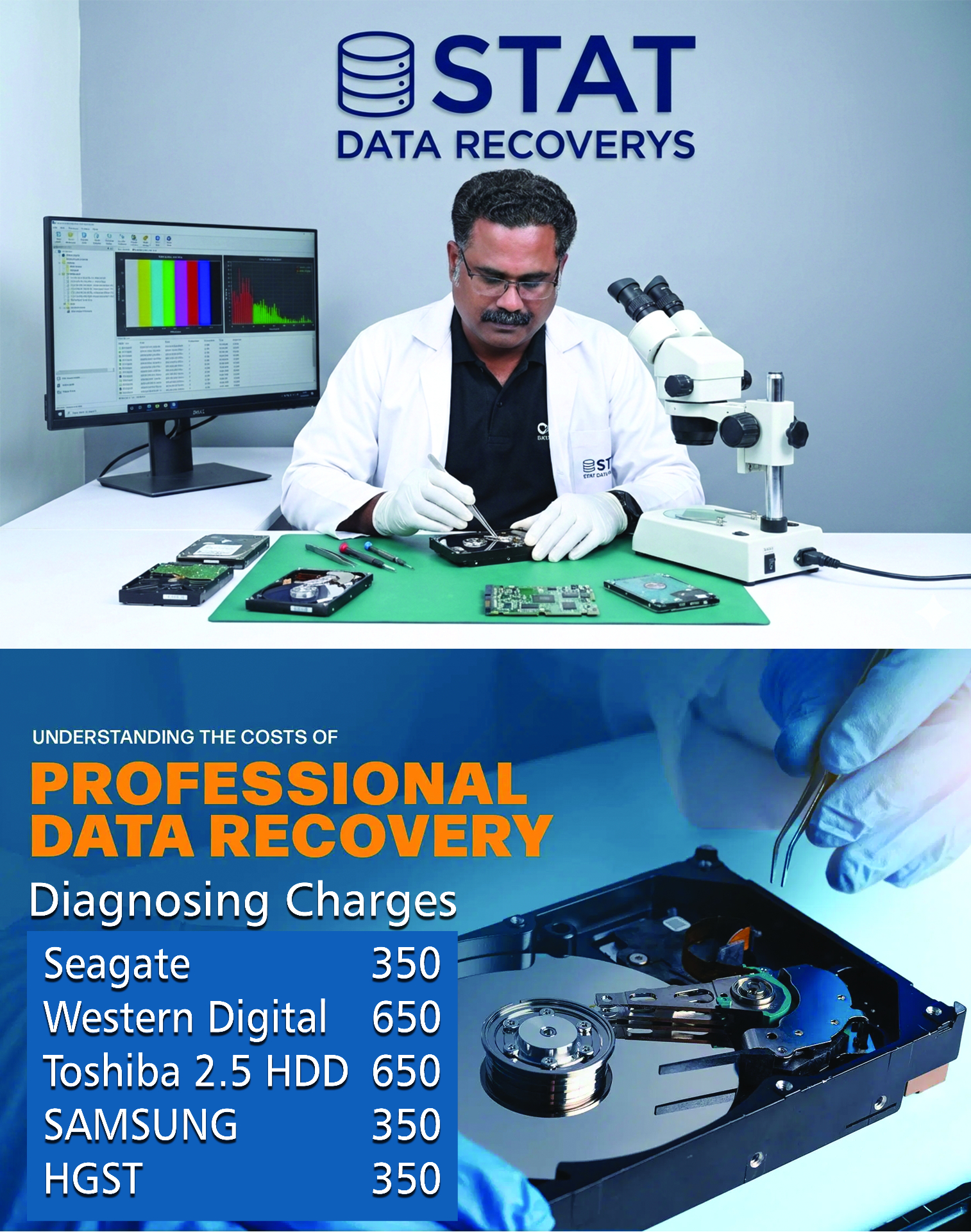 STAT Data Recovery engineer working in the cleanroom lab